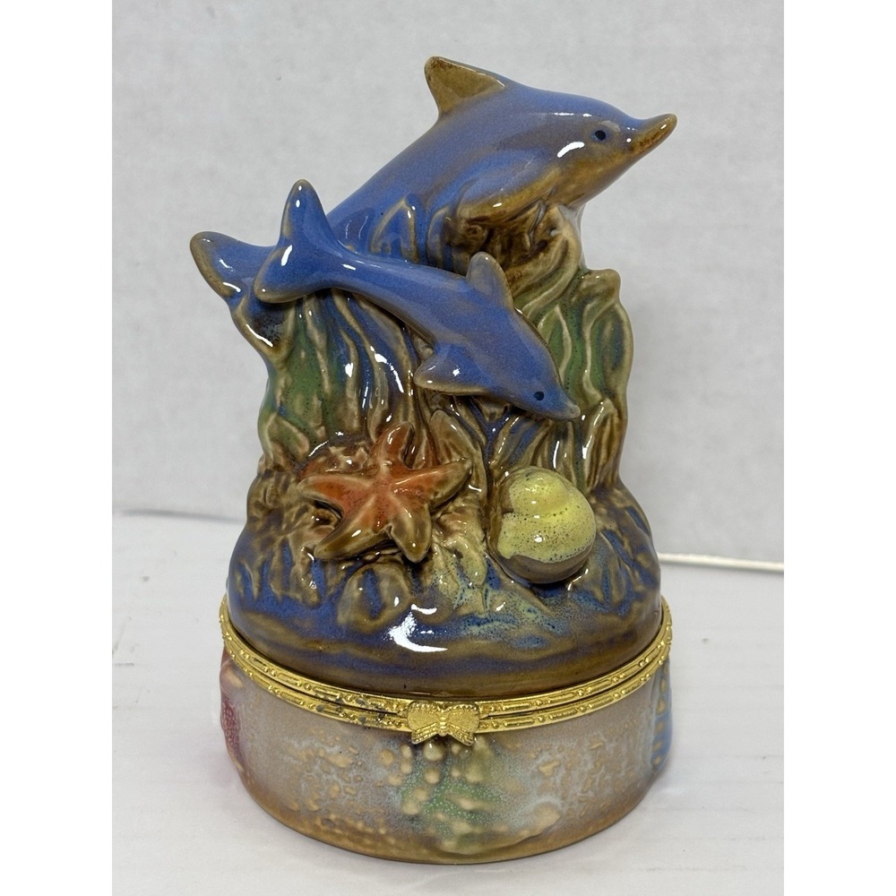 Dolphin Trinket Box Ceramic Hinged Jewelry Box Coastal Ocean‎ Decor 4"